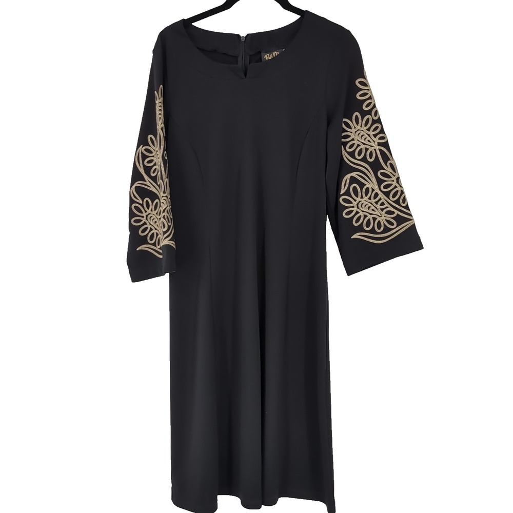 Bob Mackie Wearable Art Black Gold Soutache Embroidered Sleeve Shift Dress Small